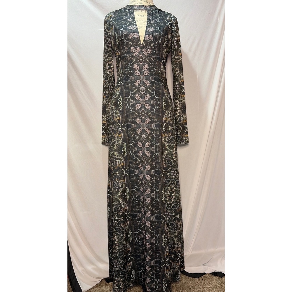 Long Sleeve Keyhole Maxi Dress Kaleidoscope Paisley Print Side Slit Muted Tones